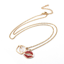 Golden 304 Stainless Steel Pendant Necklaces, with Polymer Clay Rhinestone, Lip, Golden, 17.5 inch(44.5cm), Pendant: 17.5x17x1mm and 16x15x2mm