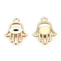 White Light Gold Plated Alloy Pendants, with Enamel, Hamsa Hand/Hand of Miriam with Evil Eye, White, 20x15.5x2.5mm, Hole: 2mm