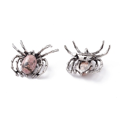 Rhodonite Natural Rhodonite Brooch, with Brass Findings and Glass, Spider, Antique Silver, 34~35x41~42x7mm, Hole: 3x5mm
