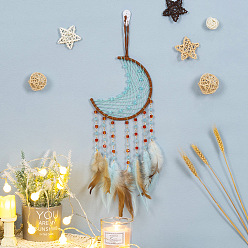 Bleu Ciel Filet/toile tissé avec des décorations de pendentifs en plumes, ornements suspendus en perles, lune, bleu ciel, 500x160mm