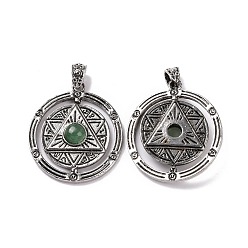 Green Aventurine Natural Green Aventurine Pendants, Flat Round with Hexagram Charms, with Antique Silver Plated Alloy Findings, 42.5x37x8mm, Hole: 5.5x4mm