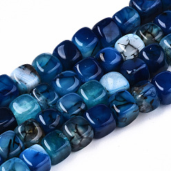 Bleu Chapelets de perles en agate veines de dragon naturelles , teints et chauffée, cube, bleu, 7~8x7~8x7~8mm, Trou: 0.8mm, Environ 50~51 pcs/chapelet, 14.37 pouce (36.5 cm)