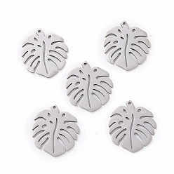 Stainless Steel Color 201 Stainless Steel Pendants, Tropical Leaf Charms, Monstera Leaf, Hollow, Stainless Steel Color, 24x21x1mm, Hole: 1mm