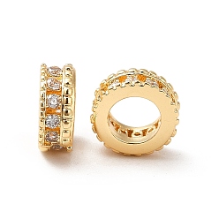 Clair Micro cuivres ouvrent zircone cubique perles européennes, Perles avec un grand trou   , réel 18 k plaqué or, plat rond, clair, 9x4mm, Trou: 5.5mm