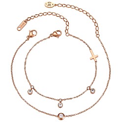 Rose Gold 2Pcs 2 Style Flat Round Cubic Zirconia Charm Anklet with Cross, Women Gift for Summer Beach, Rose Gold, 7-1/2 inch(19cm), 7-1/2 inch(19cm), 2pcs/set