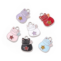 Mixed Color Alloy Enamel Pendants, Cat with Star Charm, Platinum, Mixed Color, 18.5x12.5x1.5mm, Hole: 2mm