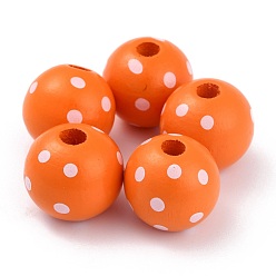 Orange Red Dyed Natural Wooden Beads, Macrame Beads Large Hole, Round with Polka Dot, Orange Red, 16x15mm, Hole: 4mm