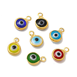 Mixed Color Ion Plating(IP) 304 Stainless Steel with Glass Enamel Charms, Real 18K Gold Plated, Flat Round with Evil Eye Pattern, Mixed Color, 9.5x6.5x2.5mm, Hole: 1.6mm