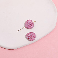 Hot Pink Czech Glass Beads, Heart with Flower, Hot Pink, 18x17mm, Hole: 1.2mm