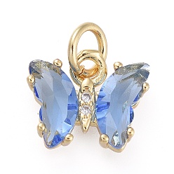 Cornflower Blue Brass Micro Pave Clear Cubic Zirconia Pendant, with Glass, Butterfly, Golden, Cornflower Blue, 18mm