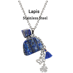 Chrysocolle et Lapis Lazuli Collier pendentif bouteille de parfum en chrysocolle naturelle et lapis-lazuli avec breloques fleur papillon et pompon en acier inoxydable, bijoux de fiole d'huile essentielle pour les femmes, 18.11 pouce (46 cm)