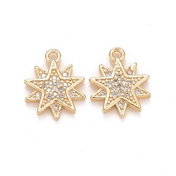 Light Gold Brass Micro Pave Clear Cubic Zirconia Charms, Lead Free & Cadmium Free, Star, Light Gold, 14x11x2mm, Hole: 1.2mm