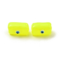 Yellow Opaque Glass Beads, with Enamel, Rectangle with Evil Eye Pattern, Yellow, 13x9.5x7mm, Hole: 1.6mm