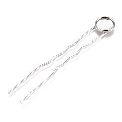 Silver Iron Hair Fork Findings, with Flat Round Brass Cabochon Settings, Silver Color Plated, Tray: 18mm, 82.5x20x3mm