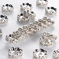 Silver Middle East Rhinestone Spacer Beads, Clear, Brass, Silver Color Plated, Nickel Free, Size: about 10mm in diameter, 4mm thick, hole: 2mm