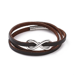 Saddle Brown Leather Cord Triple Layered Wrap Bracelet with 304 Stainless Steel Magnetic Clasps, Infinity Beaded Punk Wristband for Men Women, Saddle Brown, 24-3/8 inch(62cm)
