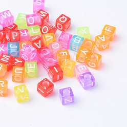 Mixed Color Transparent Acrylic Beads, Horizontal Hole, Cube with Letter, Mixed Color, 5.5~6x5.5~6x5.5~6mm, Hole: 3mm, about 2800pcs/500g