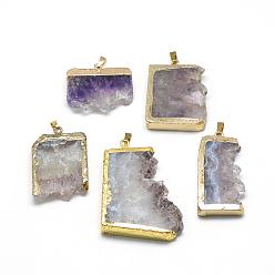 Amethyst Natural Druzy Amethyst Pendants, with Brass Findings, Mixed Shapes, Golden, 35~55x20~40x7~10mm, Hole: 2.5x6mm