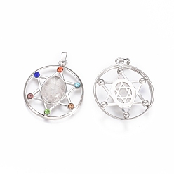 Quartz Crystal Chakras Style, Natural Quartz Crystal Pendants, with Platinum Tone Brass Findings and Rhinestone, Flat Round with Star, 38.5x34x8.5mm, Hole: 7x4mm