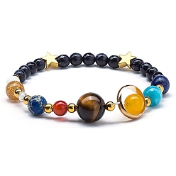 Mixed Stone Natural Tiger Eye & Red Agate & Topaz Jade & Synthetic Blue Goldstone Stretch Bracelets, Star Bracelets for Women, Inner Diameter: 2-3/8 inch(6cm)