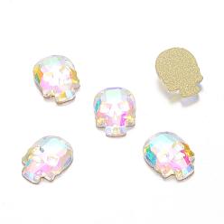 Colorful Glass Rhinestone Cabochons, Flat Back & Back Plated, Faceted, Skull, Colorful, 10x7.5~8x2.5~3mm