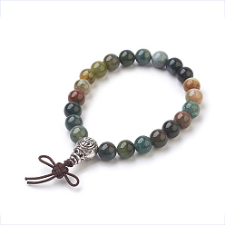 Indian Agate Natural Round Indian Agate Stretch Bracelets, with Alloy Guru Bead Sets, Burlap Packing, Antique Silver, 2-1/8 inch(5.5cm), Bag: 12x8.5x3cm