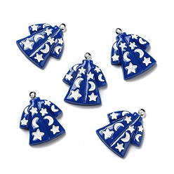 Blue Halloween Opaque Resin Pendants, with Platinum Tone Iron Loops, Clothes with Moons and Stars, Blue, 29x25x5mm, Hole: 2mm