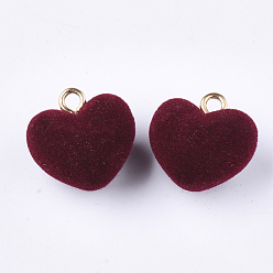 Dark Red Flocky Acrylic Pendants, with Brass Loops, Heart, Golden, Dark Red, 18.5x18x13mm, Hole: 2.5mm