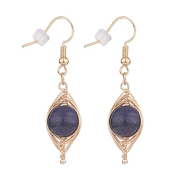 Lapis Lazuli Natural Lapis Lazuli Braided Dangle Earring, Brass Oval Drop Earrings for Women, Golden, 46mm, Pin: 0.6mm