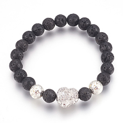 Platinum & Silver Stretch Bracelets, with Long-Lasting Plated Electroplated Natural Lava Rock, Natural Lava Rock and Brass Cubic Zirconia Beads, Buddha, Platinum & Silver, 2-1/8 inch(5.5cm)