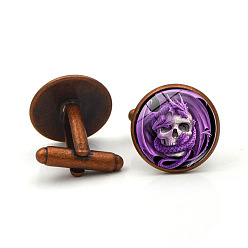 Red Copper Alloy Enamel Flat Round with Dragon & Skull Cufflinks, for Apparel Accessories, Red Copper, 18x17x16mm