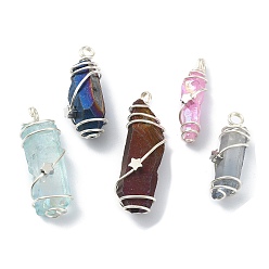 Platinum & Silver Electroplated Natural Quartz Crystal Pendants, Copper Wire Wrapped Nuggets Charms, Mixed Color, Platinum & Silver, 29~41x8~13.5x8~13mm, Hole: 3~4mm