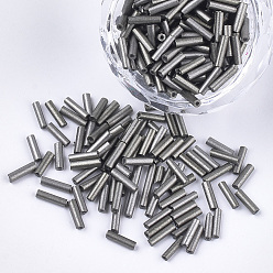 Gray Electroplate Glass Bugle Beads, Round Hole, Metallic Colours, Gray, 6~7x1.5~2mm, Hole: 0.8mm, about 10000pcs/bag