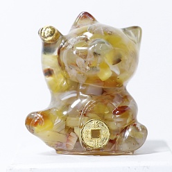 Ágata Amarilla Adornos de exhibición artesanales de resina y chips de ágata amarilla natural, figura de gato de la suerte, para el hogar adorno de feng shui, 63x55x45 mm