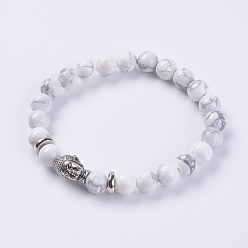 Howlite Natural Howlite Beads Stretch Bracelets, with Alloy Finding, Buddha's Head, 2-1/8 inch(55mm)