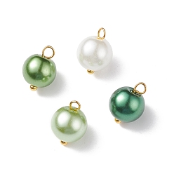 Lime Glass Pearl Pendants, with Golden Plated Brass Findings, Round, Lime, 11x8.5mm, Hole: 2mm