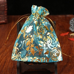 Cyan Bolsas de organza con cordón para joyas, bolsas de regalo de fiesta de boda, rectángulo con estampado de flores en oro, cian, 9x7 cm
