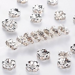 Clear Brass Middle East Rhinestone Spacer Beads, Silver Color Plated, Nickel Free, about 5mm in diameter, 2.5mm thick, hole: 1mm
