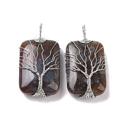 Indian Agate Natural Indian Agate Copper Wire Wrapped Pendants, Rectangle with Tree of Life Charms, Platinum, 46~49x25~27x10~12mm, Hole: 8x9mm