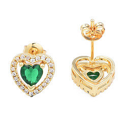 Зеленый Серьги-гвоздики в форме сердца из кубического циркония, золотые латунные украшения для женщин, без никеля , зелёные, 10x10.5 мм, штифты : 0.7 мм