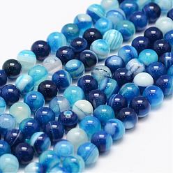Dodger Blue Natural Striped Agate/Banded Agate Bead Strands, Round, Grade A, Dyed, Dodger Blue, 12mm, Hole: 1mm, about 31~33pcs/strand, 14.5 inch