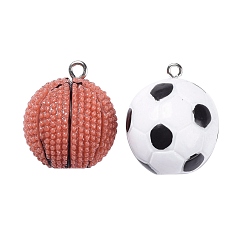 Mixed Color 16Pcs 2 Colors Opaque Resin Pendants, with Platinum Tone Iron Loop, Basketball & Football/Soccer Ball, Mixed Color, 26~28x22mm, Hole: 2mm, 8pcs/color, 16pcs/box