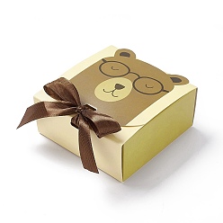 Bear Cartoon Cardboard Paper Gift Box, with Ramdom Color Ribbon, Rectangle, Light Goldenrod Yellow, Bear Pattern, Fold: 12.9x11.5x5.1cm