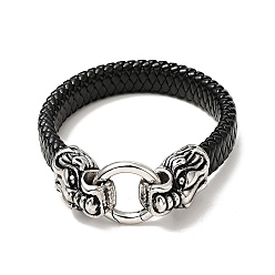 Antique Silver PU Imitation Leather Braided Cord Bracelet, 304 Stainless Steel Tiger Clasp Gothic Bracelet for Men Women, Antique Silver, 8-3/4 inch(22.3cm)