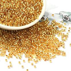 Oro Abalorios de la semilla de cristal, plata forrada, cilindro, oro, 2x1.5 mm, agujero: 1.4 mm, sobre 50398 unidades / libra