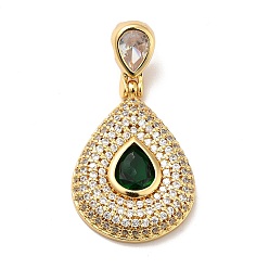 Green Brass Micro Pave Cubic Zirconia Pendants, Long-Lasting Plated, Real 18K Gold Plated, Teardrop, Green, 42mm, Hole: 8x4mm