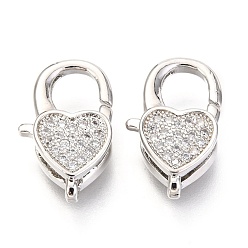 Platinum Brass Micro Pave Cubic Zirconia Lobster Claw Clasps, Heart, Platinum, 17x10x5mm, Hole: 1x2mm
