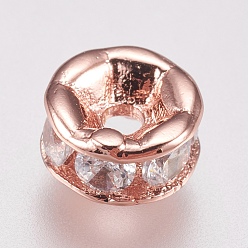 Or Rose Micro cuivres ouvrent cubes zircone perles d'espacement, plat rond, clair, or rose, 6.5x3mm, Trou: 1.4mm