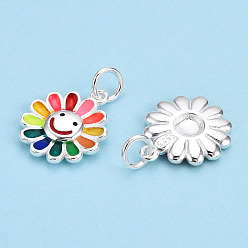 Colorful 925 Sterling Silver Enamel Charms, with Jump Ring, Flower with Smile, Colorful, 14.5x12x2mm, Hole: 3mm