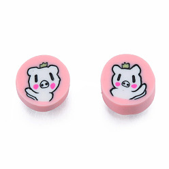 Pink Handmade Polymer Clay Beads, Flat Round with Pig, Pink, 9~9.5x4~5.5mm, Hole: 1.6mm
